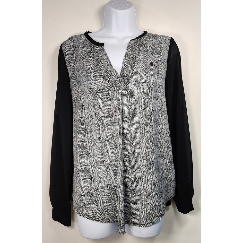 Renee C Women's‎ L Black Sheer Sleeve Blouse  Front Casual Top